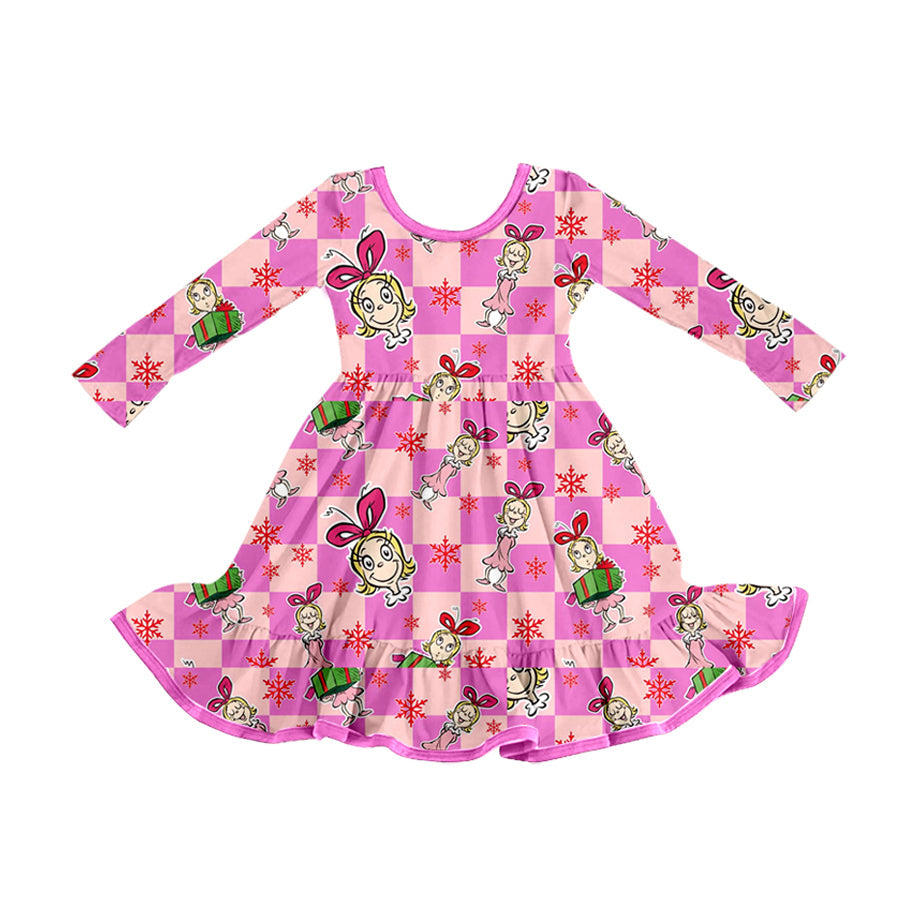 Pink plaid Christmas gift green face kids girls dresses