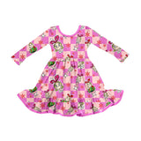 Pink plaid Christmas gift green face kids girls dresses
