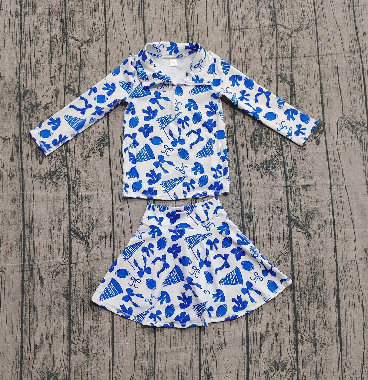 Blue bow football top skirt kids girls team activewear set