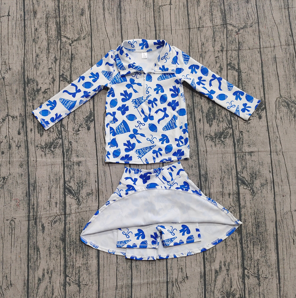Blue bow football top skirt kids girls team activewear set