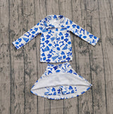 Blue bow football top skirt kids girls team activewear set