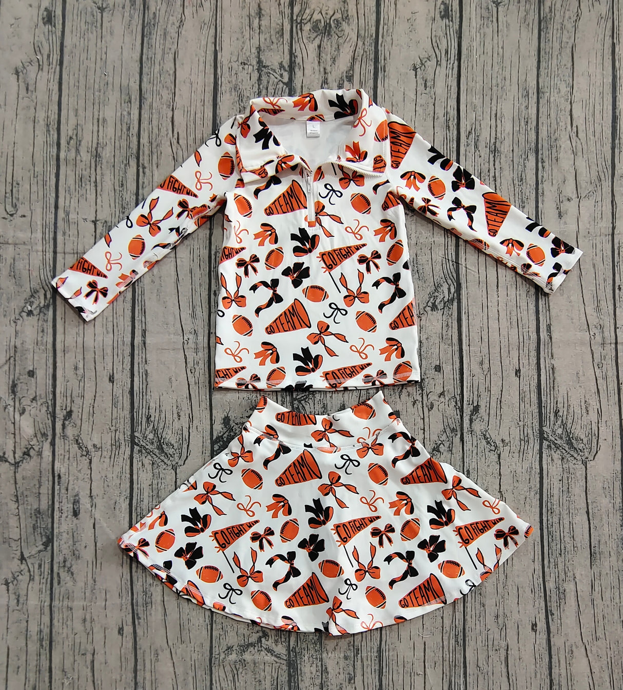 Orange bow football top skirt kids girls team activewear set