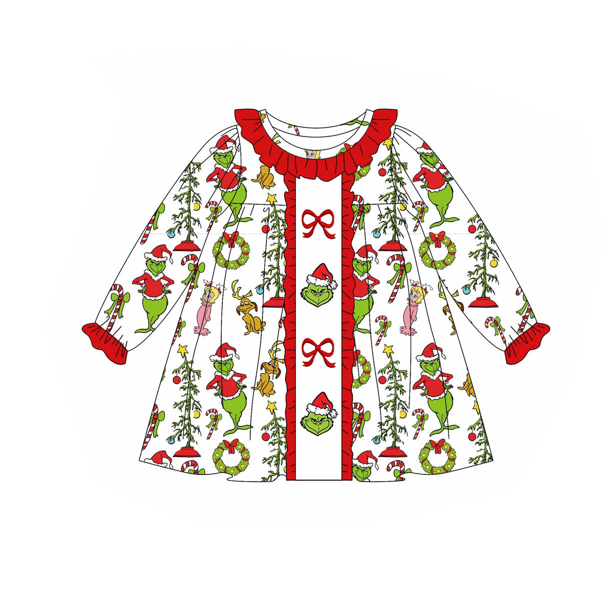 Long sleeves green face bow kids girls Christmas dresses