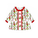 Long sleeves green face bow kids girls Christmas dresses