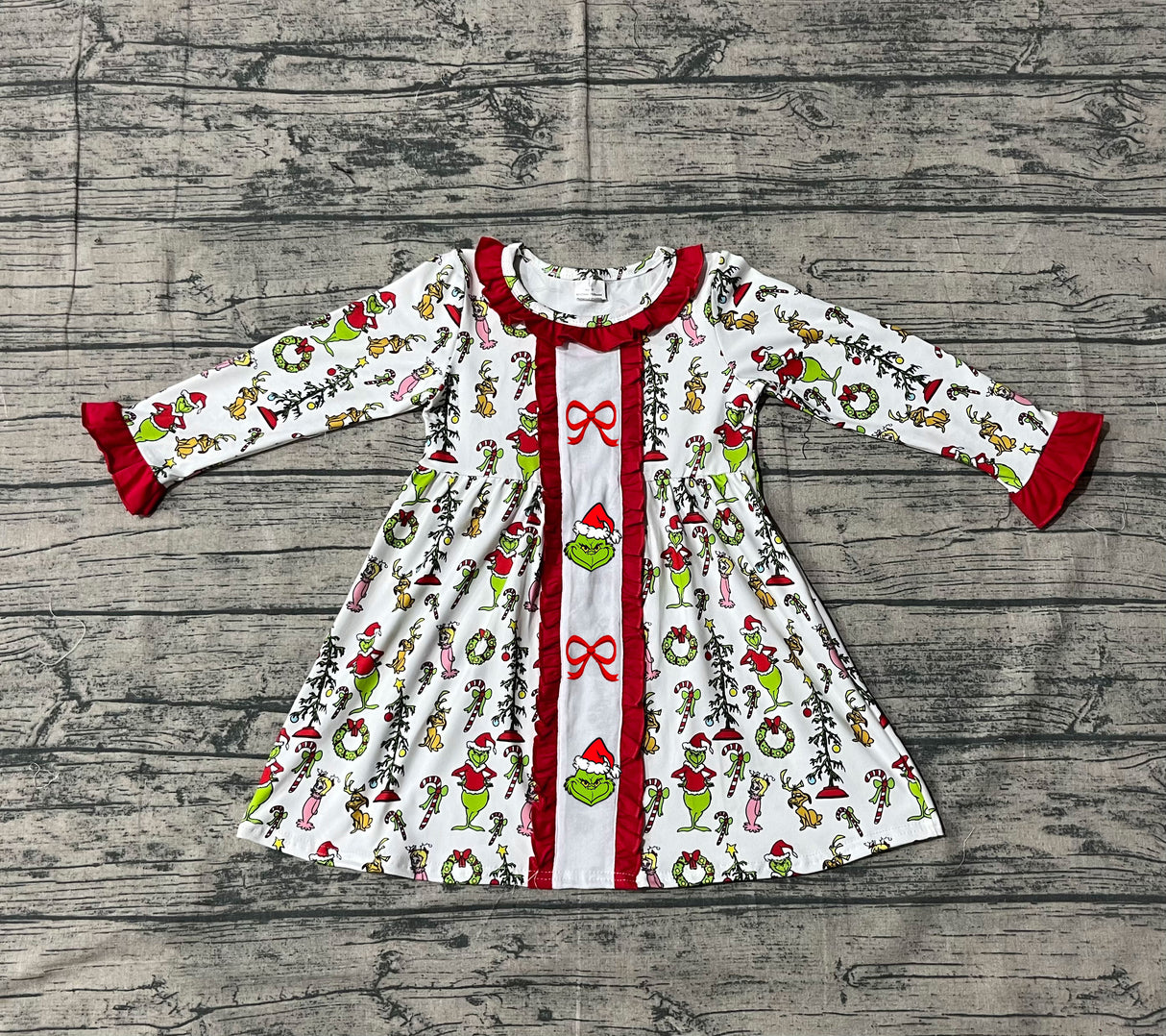 Long sleeves green face bow kids girls Christmas dresses