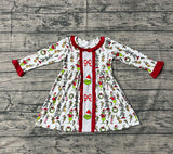Long sleeves green face bow kids girls Christmas dresses