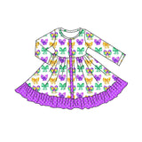 Purple green yellow bows ruffle girls Mardi Gras dresses