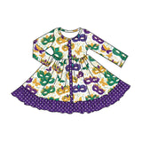 Purple green yellow masks ruffle girls Mardi Gras dresses