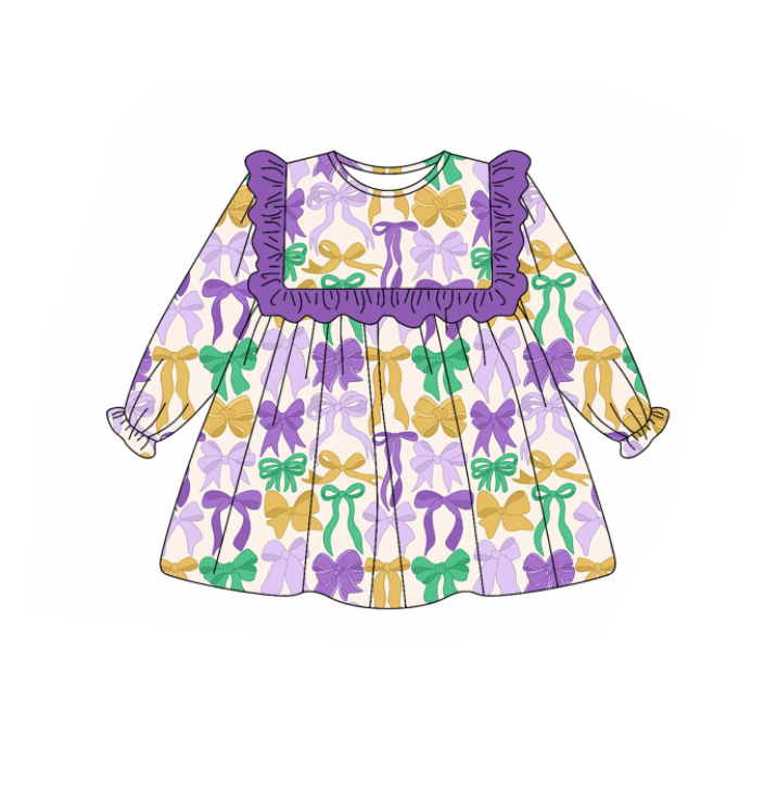 Purple green yellow bows ruffle girls Mardi Gras dresses