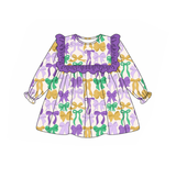 Purple green yellow bows ruffle girls Mardi Gras dresses