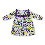 Long sleeves purple ruffle leopard girls Mardi Gras dresses