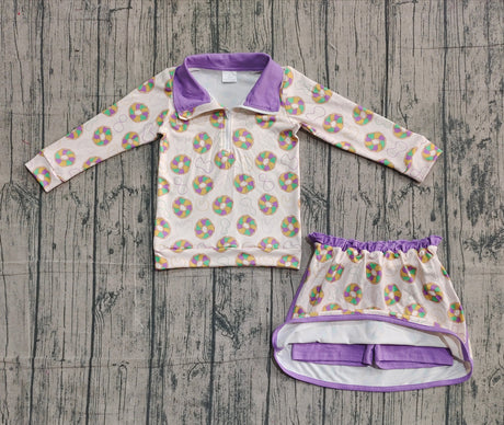 Purple yellow green donuts pullover skirt kids girls Mardi Gras set