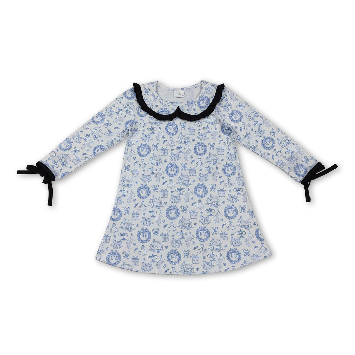 blue Christmas house kids girls long sleeve dresses