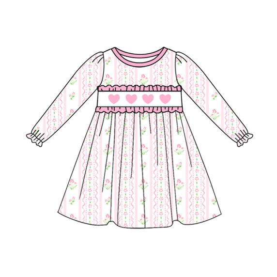 pink flowers valentine heart print long sleeve girl dress