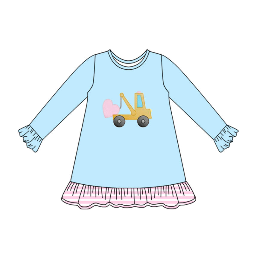 blue valentine tractor print long sleeve girl dress