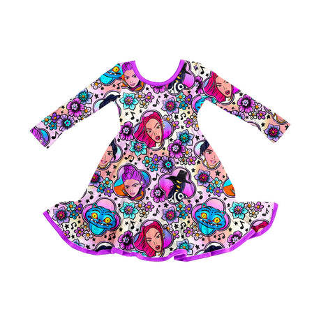 purple cartoon print long sleeve girl dress