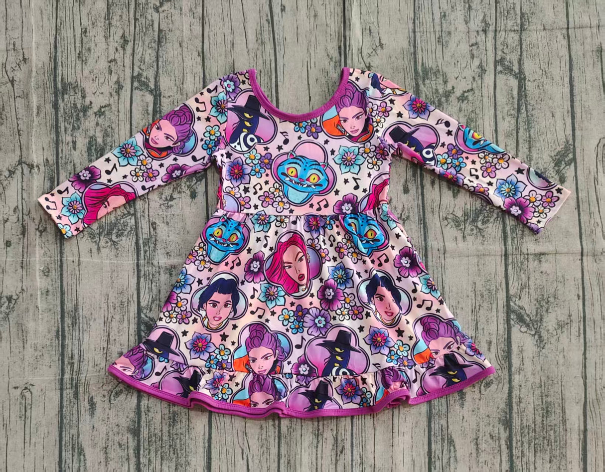 purple cartoon print long sleeve girl dress