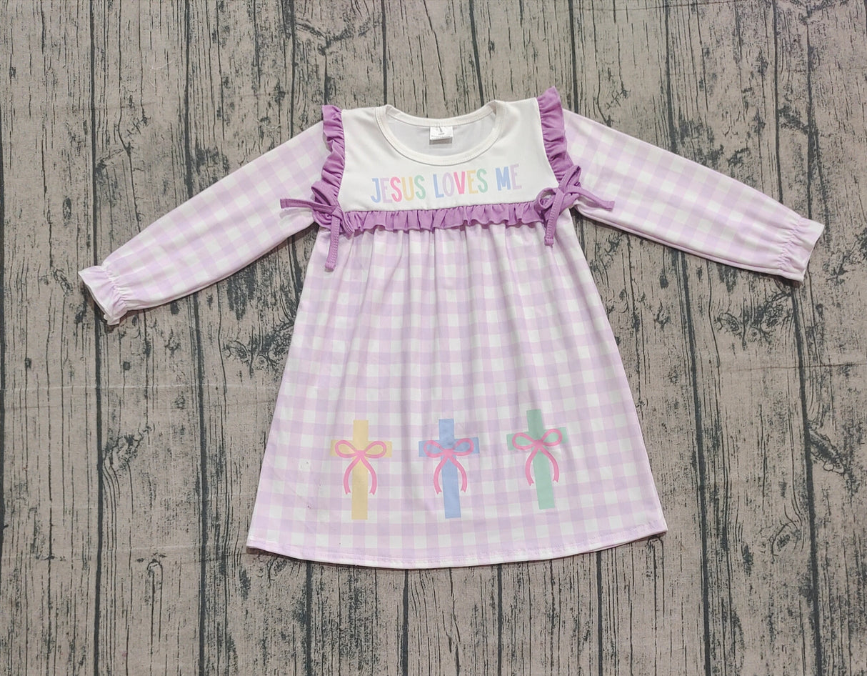 purple plaid print long sleeve girl dress