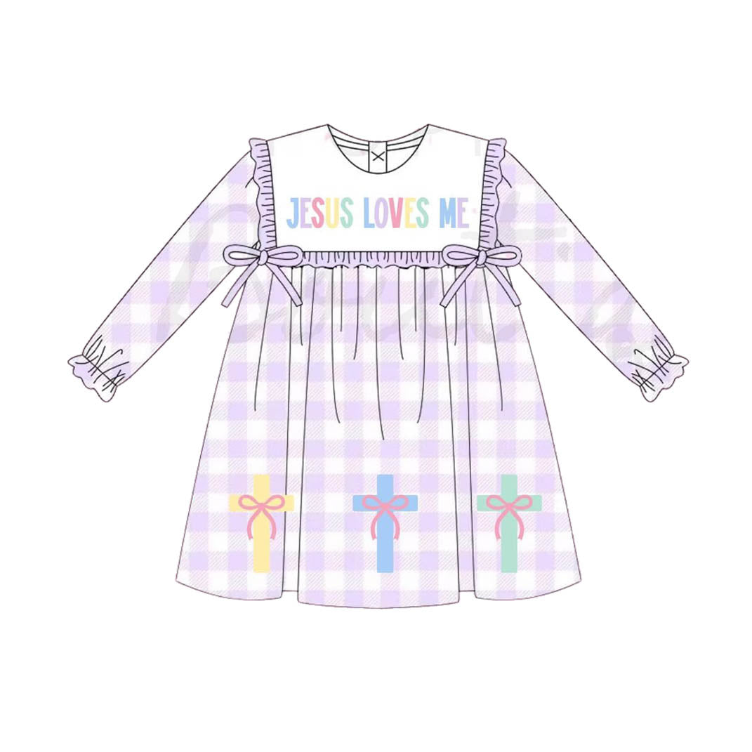 purple plaid print long sleeve girl dress