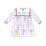 purple plaid print long sleeve girl dress