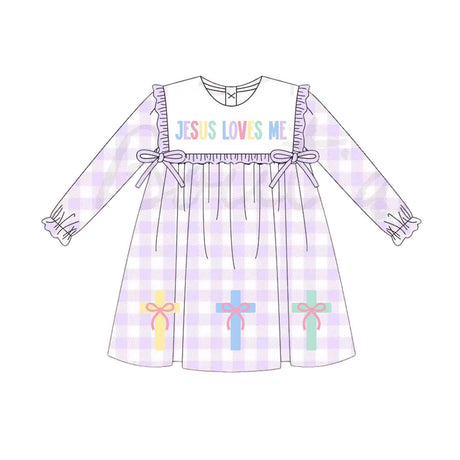 purple plaid print long sleeve girl dress