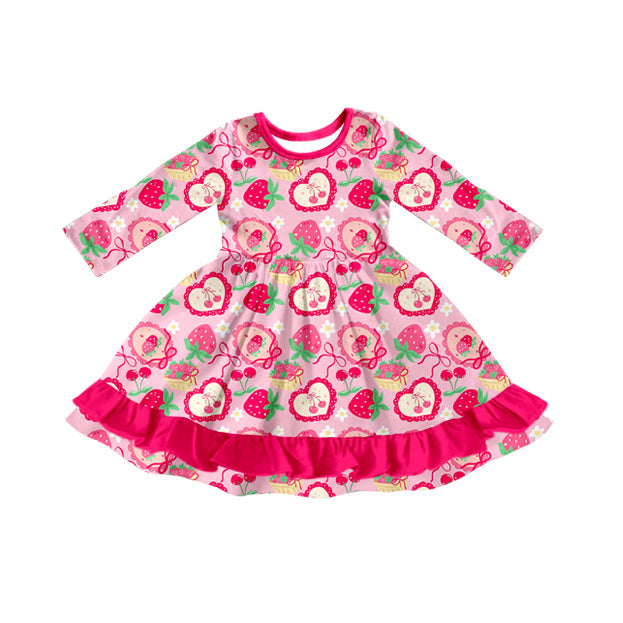 pink cherry strawberry cake print long sleeve girl dress