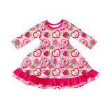 pink cherry strawberry cake print long sleeve girl dress