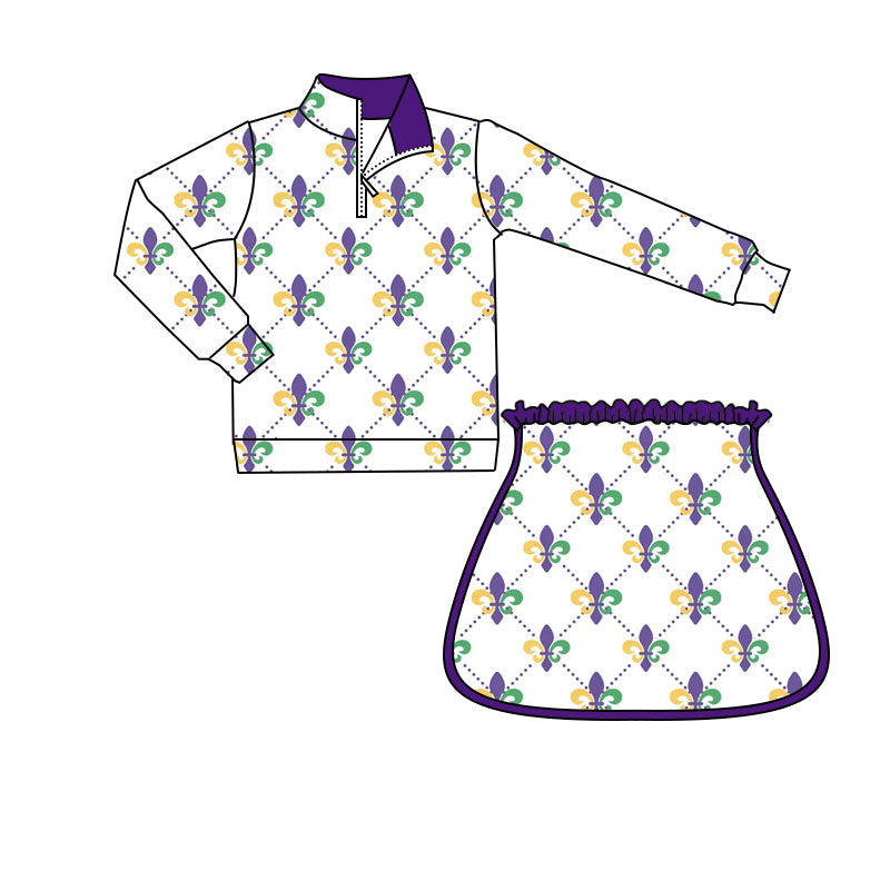long sleeves top skirt kids girls Mardi Gras set