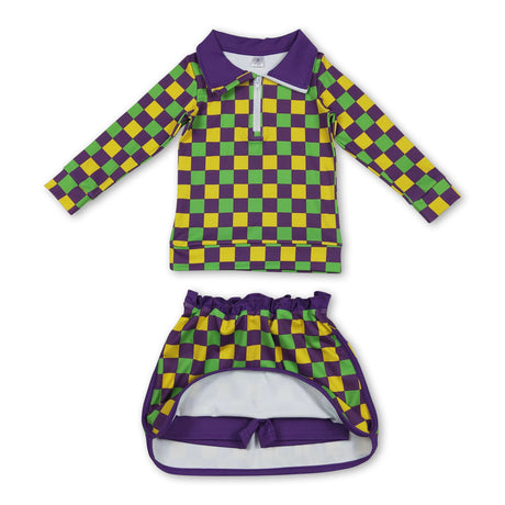 purple yellow green plaid pullover skirt kids girls Mardi Gras set