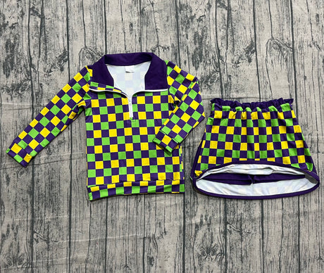 purple yellow green plaid pullover skirt kids girls Mardi Gras set