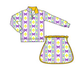 purple bows yellow green pattern pullover skirt kids girls Mardi Gras set