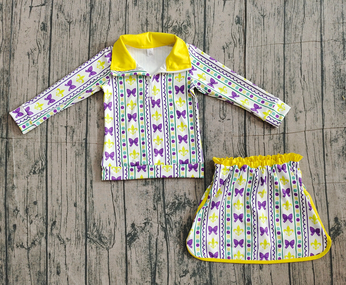 purple bows yellow green pattern pullover skirt kids girls Mardi Gras set