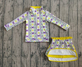 purple bows yellow green pattern pullover skirt kids girls Mardi Gras set