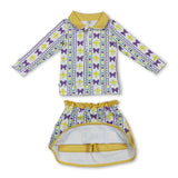 purple bows yellow green pattern pullover skirt kids girls Mardi Gras set