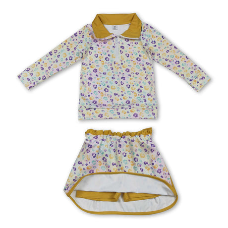 purple yellow green leopard pullover skirt kids girls Mardi Gras set