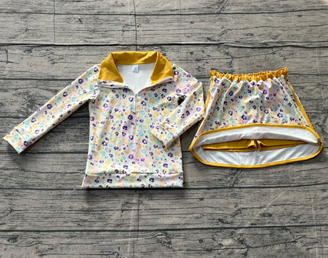 purple yellow green leopard pullover skirt kids girls Mardi Gras set