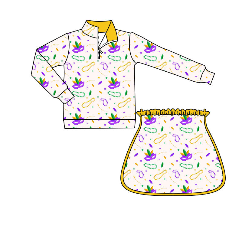Mardi Gras mask necklace pullover skirt kids girls navy set