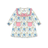 blue bows flowers long sleeve girl dress