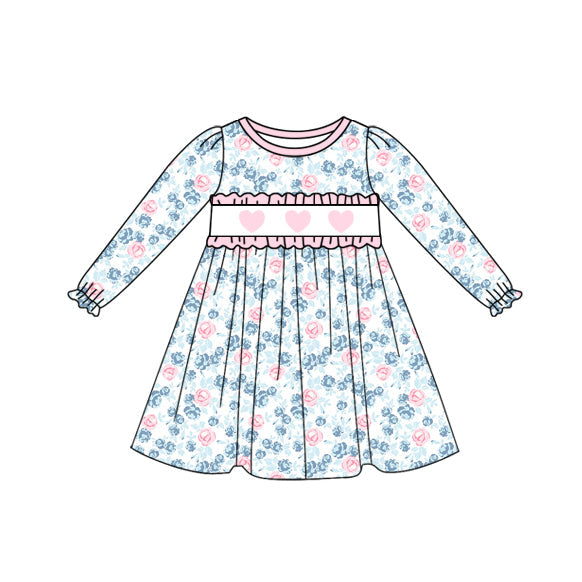 blue flowers girl long sleeve dress