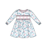 blue flowers girl long sleeve dress