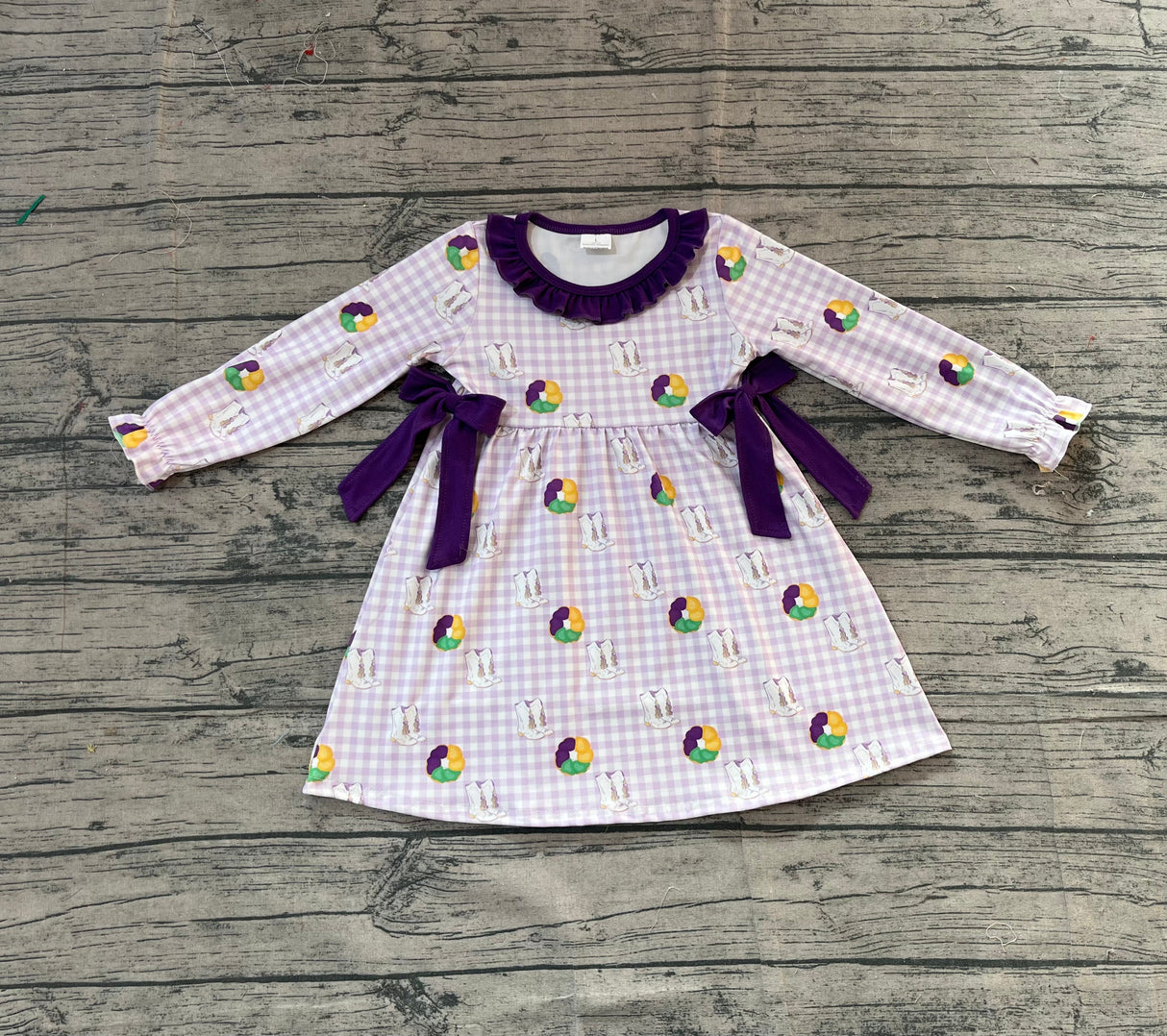 Purple yellow green donut boots plaid girls Mardi Gras dress