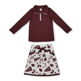 Maroon zipper pullover football bow skirt girls team activewear set