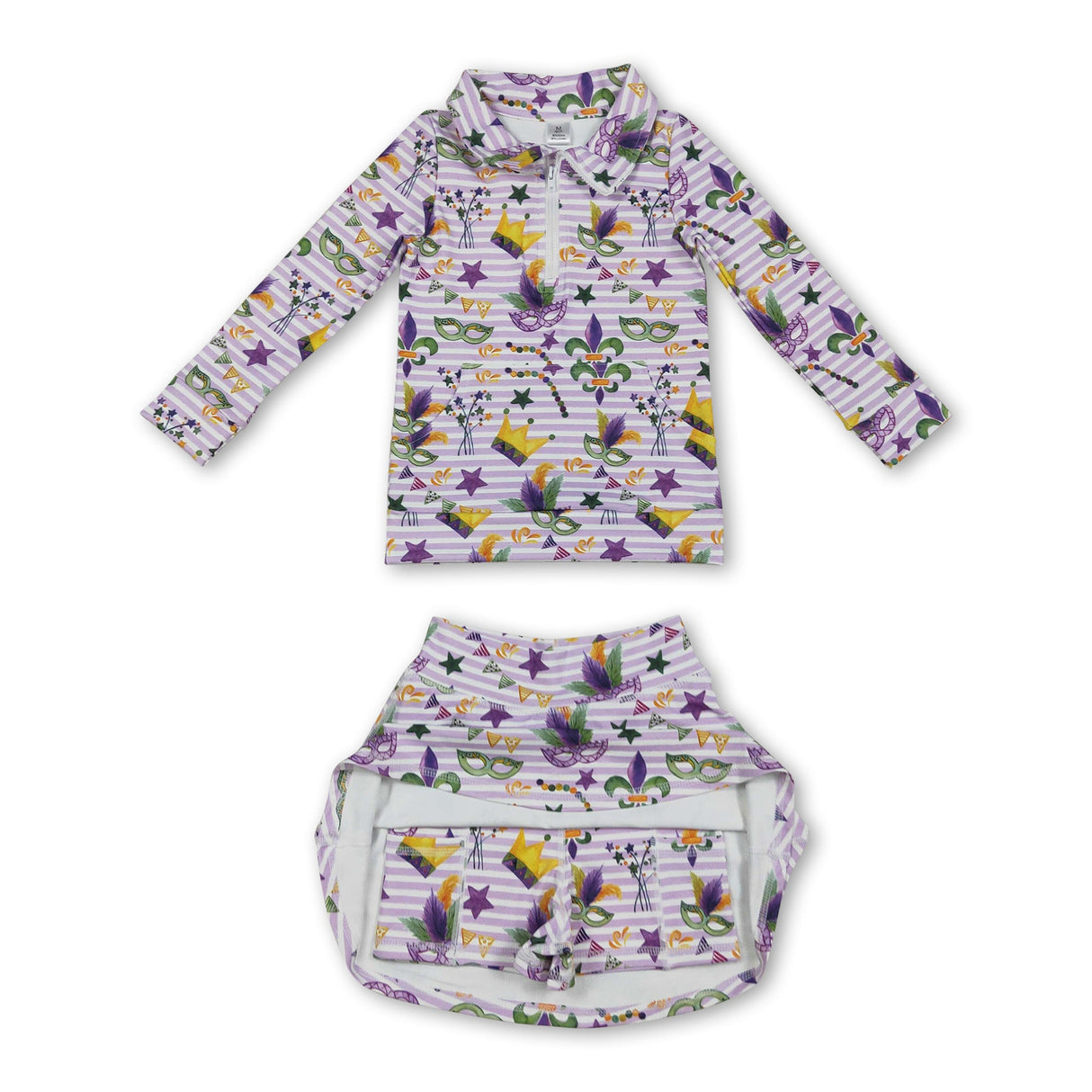 Purple stripe crown pullover skirt girls Mardi Gras active set