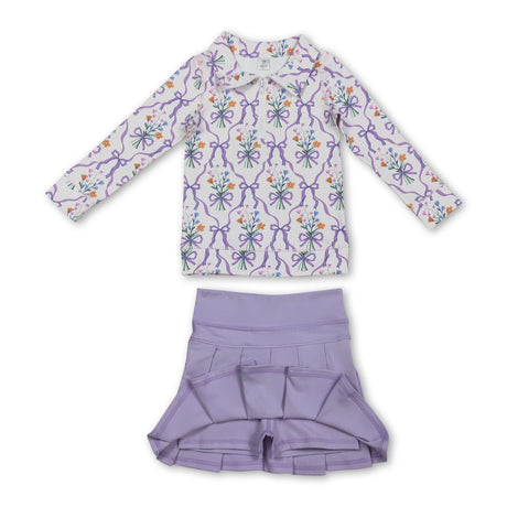 Floral lavender bow pleated skirt girls yoga activewear set