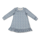 Long sleeves light blue floral ruffle baby girls dresses