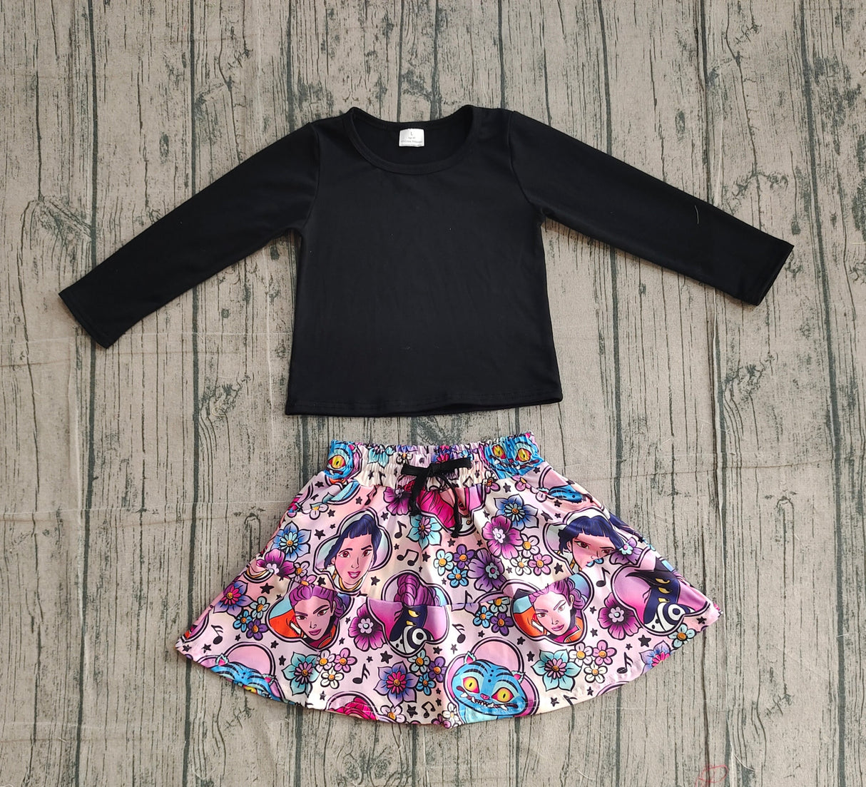 Long sleeves top music skirt kids girls clothing set