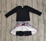 Long sleeves top music skirt kids girls clothing set