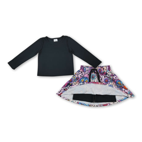 Long sleeves top music skirt kids girls clothing set
