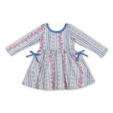 Long sleeves blue bow floral pockets kids girls dresses