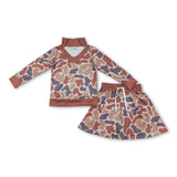 Long sleeves camo top skirt girls clothing set